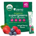 Zena Nutrition Organic Super Greens pulver, 70+ Superfoods, 0 Sukker, 5G Fiber, Spirulina, Klorella, Antioksidanter, Prebiotika/Probiotika, Digestive Enzymer, Blandet Berry, 45 Drikkemiks pakker