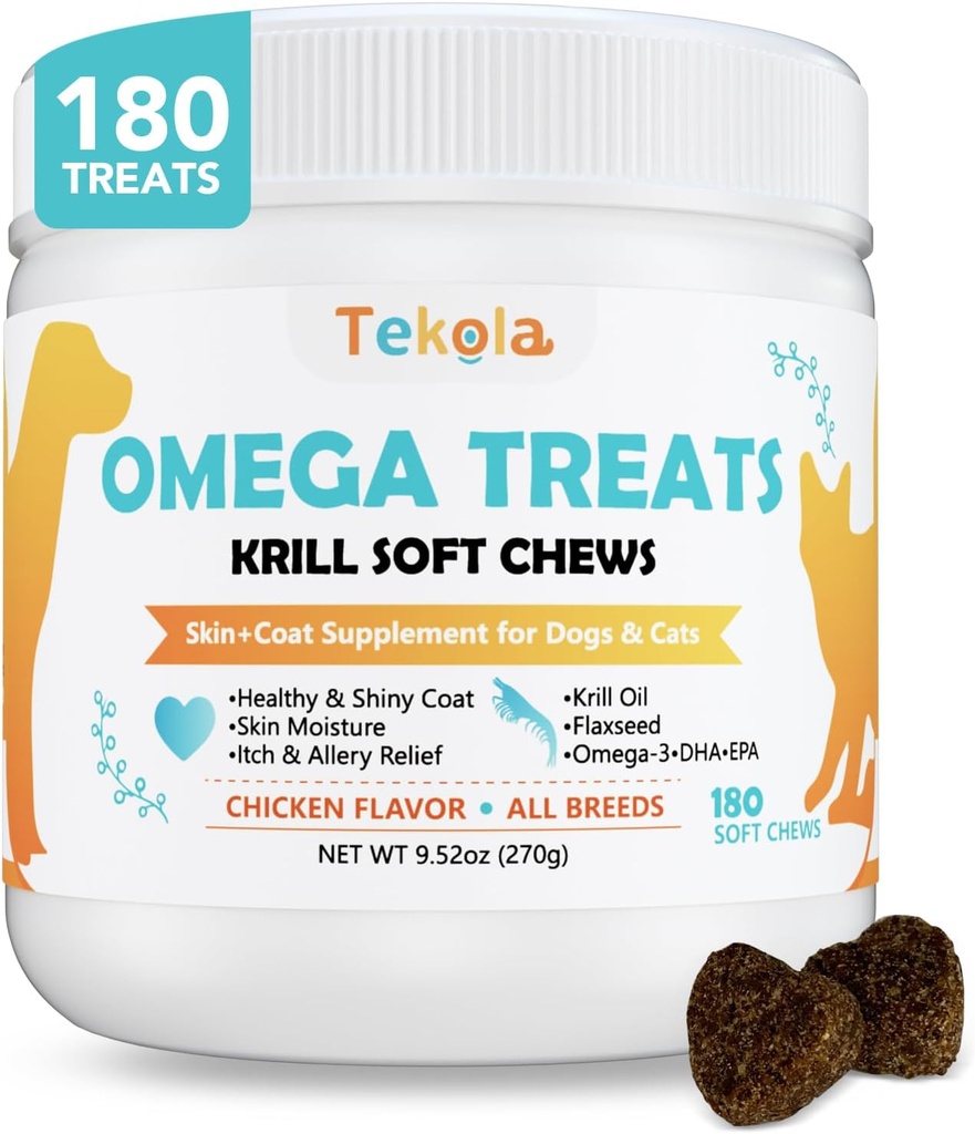 180 Chews Omega 3 for hunder og katter - med krill - hud og Coat Supplement - Tørr og kløende hud relief - Allergi Relief - Shiny Coats - Ingen shedding - EPA & DHA, vitaminer og mineraler - Kylling Flavor