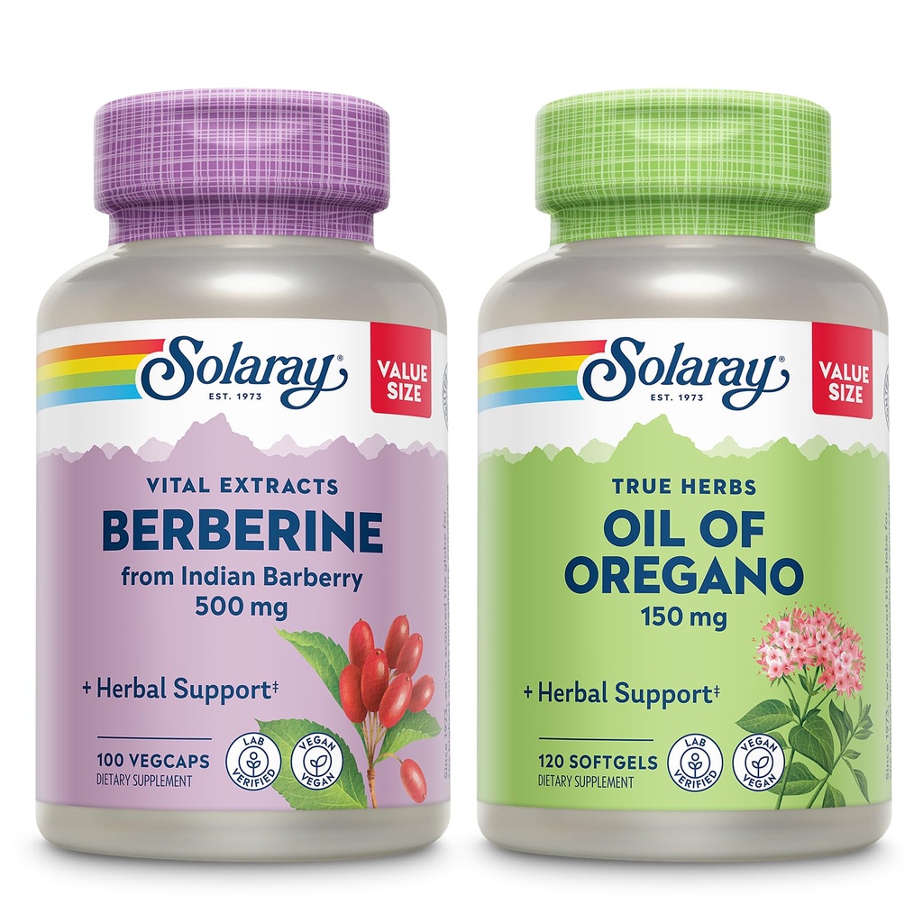 SOLARAY Berberin og olje av Oregano Bundle - Berberine HCl fra Indisk Barberry Plus Oregano olje Supplement for kraftig velvære støtte - 100 Vegkaps / 120 Softgels