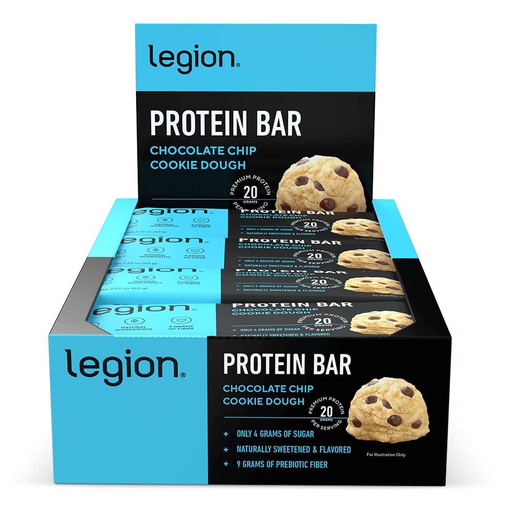 Legion Sjokolade Chip Cookie Dough Protein Bar - 100% Whey Protein Bars Lavt sukker høy protein med prebiotisk fiber - Soja-fri, Glutenfri, Naturlig Flavored, Lavt fett, høyproteinbarer (12 greve)