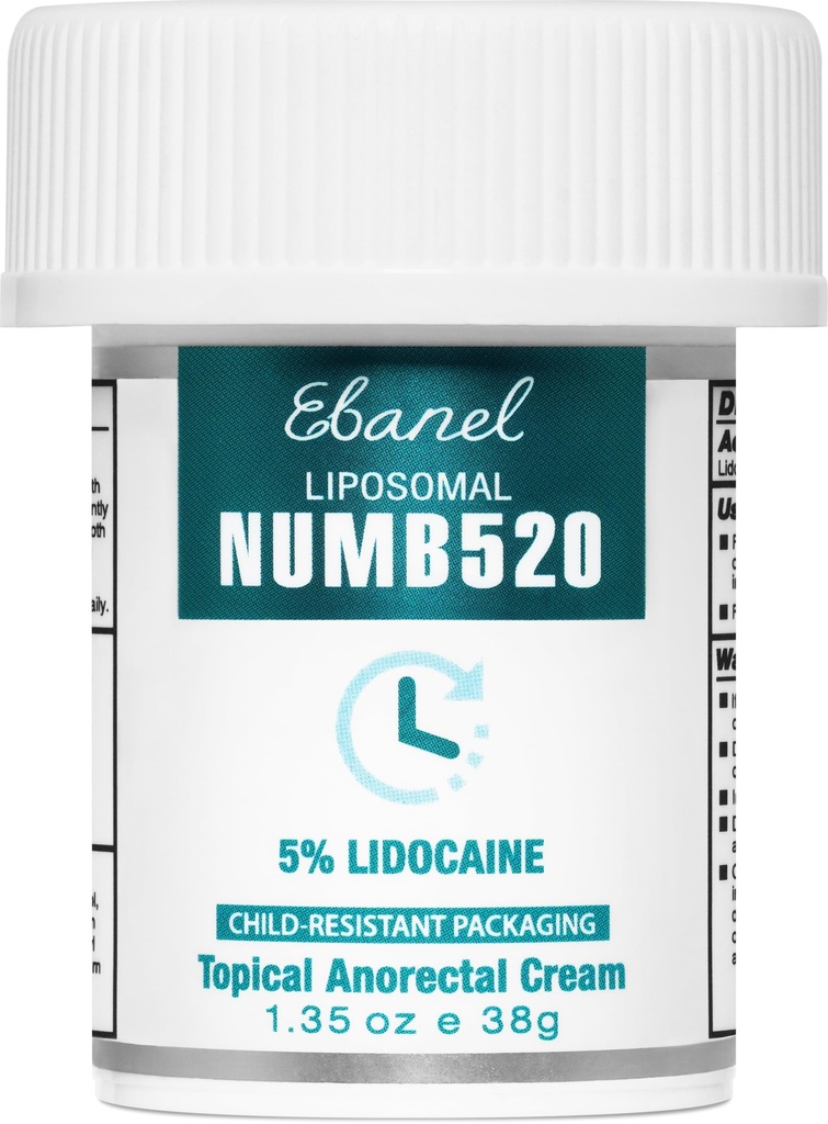 Ebanel 5% Lidocaine Numbing krem, smertelindring Burn Numb Cream, Maksimal styrke Topisk Anestetisk med Allantoin, Vitamin E for lokale og anorektale bruk, hemorroide behandling, 1,35 Oz
