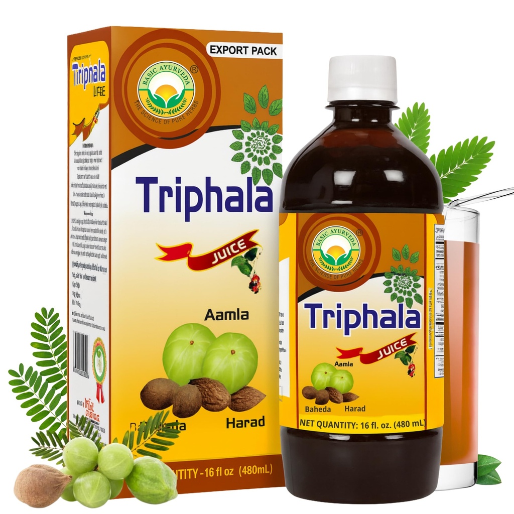 BASIC AYURVEDA Triphala Juice 16.23 Fl Oz (480ml) | Økologisk fruktjuice av Amla Bibhitaki & Haritaki | Naturlig kilde til vitamin C | for sunnt hår og digestion