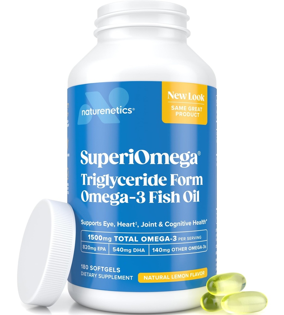 Triglycerid Omega 3 Fiskeolje – høy EPA & DHA for øye, ledd, hjerte og hjerne støtte – Omega-3 fettsyrer - sitronflavor – 180 mykegels – 90 dagers forsyning
