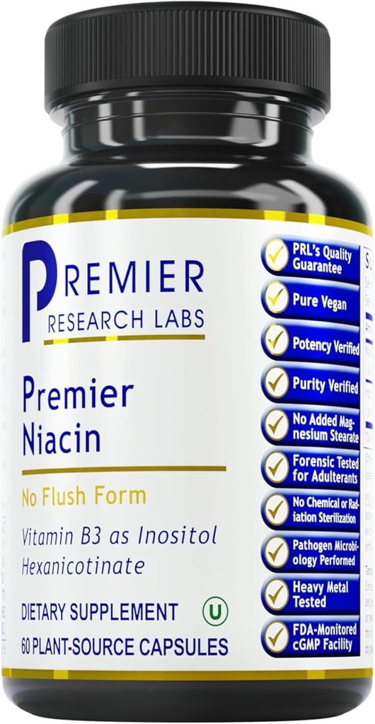 Premier Research Labs Niacin - Flush Free Niacin med Inositol Hexanicotinate, Niacin No Flush, B3 Niacinamid vitamin Supplement for blodsirkulasjon støtte - 60 Vegetariske kapsler