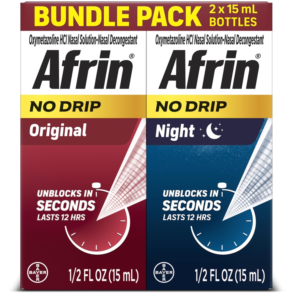 Afrin No Drip Original + Night Nasal Mist Bundle Pack, Ikke-Drowsy, Fast-Active Decongestant for Nasal Congestion og Sinus Pressure Relief, voksne og barn 6 og eldre, .5 fl oz (Pack of 2)