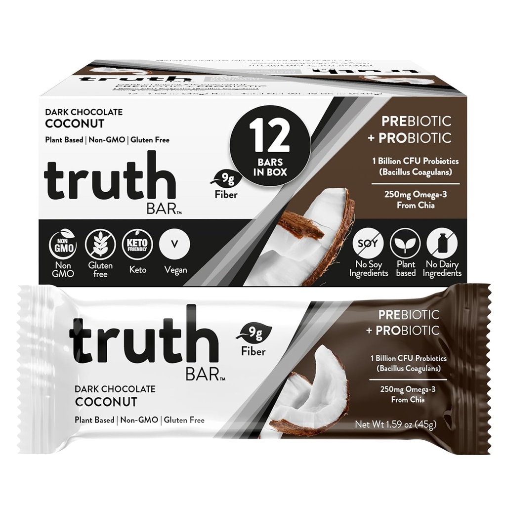 Sannhet Bar Sunn Snack, Omega 3 fra Chia, Plantebasert, Prebiotika & Probiotika, Høy fiber, Lavt sukker, Keto, Kosher, Mørk sjokolade, Vegan, Glutenfri, 12 Ct, 45g ea.