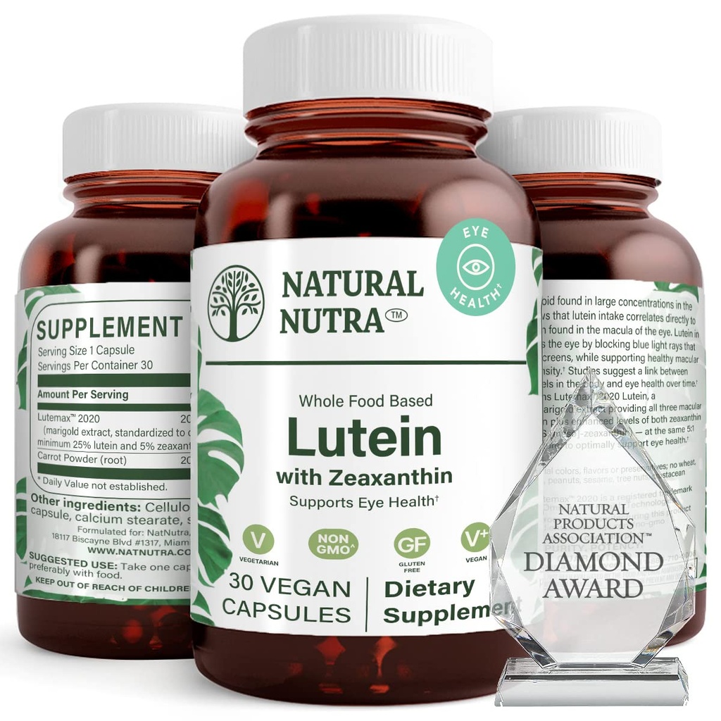 Naturlig Nutra Lutein og Zeaxanthin Supplement, opprettholde visjon helse, beskytter celle i øyne, forbedre nivået av Zeaxanthin & isomerer, støtte øye helse, Glutenfri, Soya fri, 20 mg - 30 kapsler