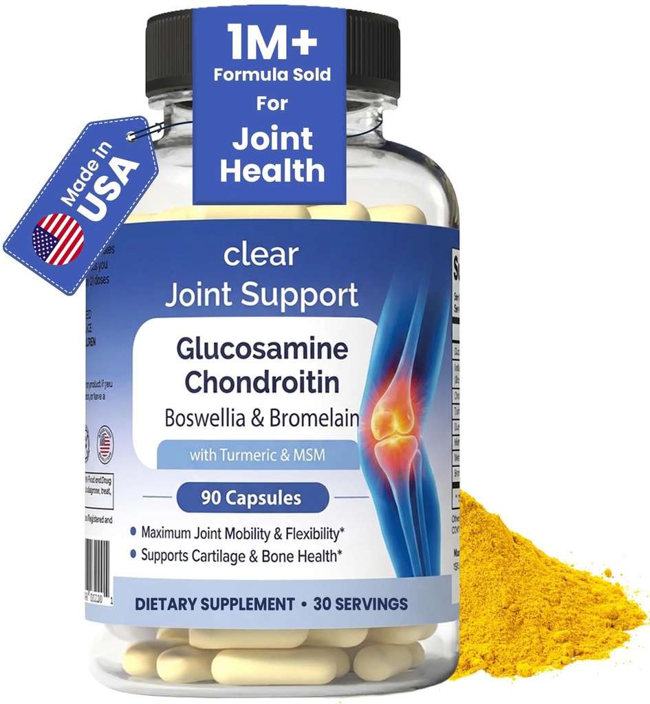 Glucosamine Chondroitin MSM med gurkemeie og boswellia 90 kapsler | 8-i-1 felles støtte supplement for fleksibilitet og mobilitet | felles supplement for menn og kvinner – støtte tilbake, kne, hips & ledd