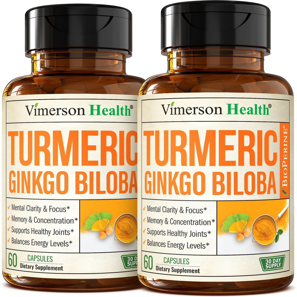 Ginkgo Biloba og gurkemeie curcumin Supplement w/Black Pepper & Organic Tumeric – Naturlig gurkmeie Supplement for fokus, minne, felles og hjerne helse – Vegansk Ginko Biloba Kapsler w/Curcuma – 2 Pakke