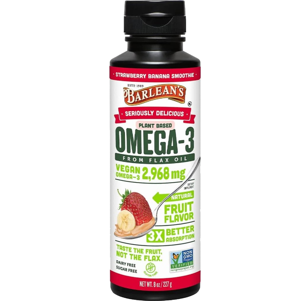 Barlean 's Strawberry Banan Flaksfrø oljevæske, Vegan Omega 3 6 9 Kosttilskudd for barn og voksne fra kalde presset Flaksfrøolje med 2.968 mg vegansk omega, ikke-GMO & Glutenfri, 8 oz