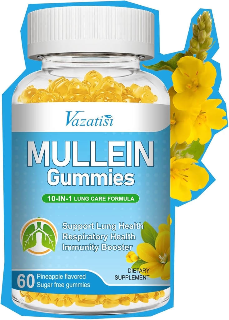 10 i 1 Mullein Gummies for Lungs, Mullein Leaf Ekstrakt med Bromelain, Quercetin, Magnesium - Støtte Lung Cleanse for sunn puste, 60ct