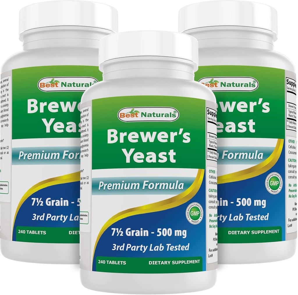Beste Naturals, Brewers Yeast, 7-1/2 Korn med vitamin B1, vitamin B2, 1000 mg 240 tabletter (240 tall (pakke med 3))
