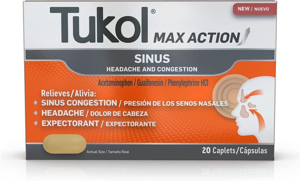TUKOL Max Action Sinus, Congestion & Pressure Caplets for smerte, hodepine Relief, Forventning, Ikke-Drowsy, 20 greve