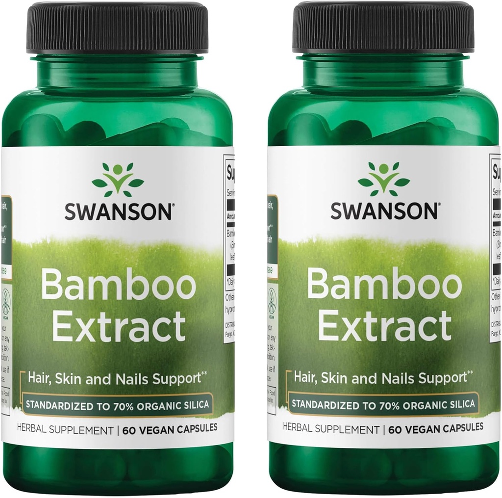 Swanson Bamboo Ekstrakt - naturlig hår, hud og negler Supplement - 70% Silica innhold som støtter kollagenformasjon og beinvekst - (60 Veggie Capsules, 300mg Hver) (2 pakke)