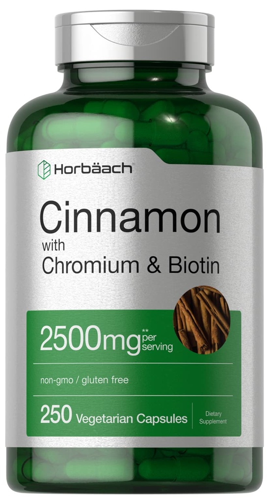 Horbäach kanel med krom Picolinat 2500 mg 250 kapsler | Plus Biotin | Vegetarisk, ikke-GMO, Glutenfri