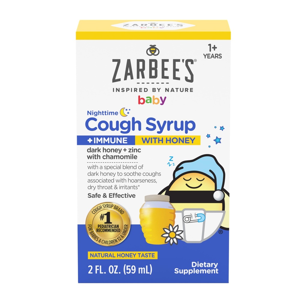 Zarbee baby natttid Cough Syrup + Immune, Baby Cough Syrup med mørk honning + sink & kamille, for Todlers, Ingen medisiner eller kunstige flavors, naturlig honning smak, 2 fl oz
