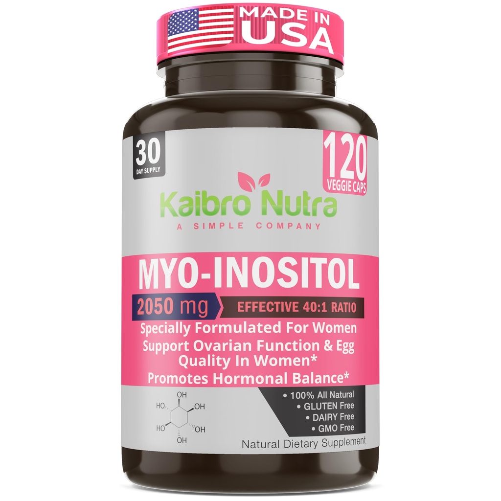 Kaibro Nutra Myo-Inositol Supplement, Myo-Inositol & D-Chiro Inositol 40:1 Forhold, hormonbalanse og ovarian støtte for kvinner med vitamin B8, 2050 mg, vegansk, ikke-GMO kapsler 120 greve