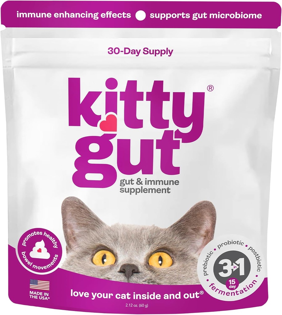 KittyGut 3-i-1 Organic Cat Probiotika & Postbiotic Supplement pulver-laget i USA-Probiotika for katter fremmer Gut Helse og Katt Digestiv støtte, diarré og befruktning (60g)