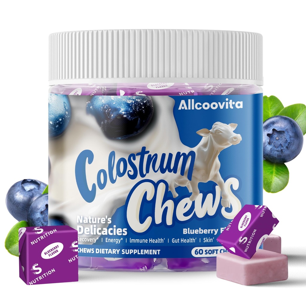 Bovine Colostrum Chews Supplement med probiotika for Gut Helse, Bloating, Immun støtte, hud, hårvekst og skjønnhet - Blåbær Flavor (60 Serveringer)
