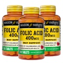 Mason naturlig folsyre 400 mcg, daglig kosttilskudd for helse, humør og prenatal omsorg, for kvinner i fødselsalderen, 100 tabletter (pakke av 3)