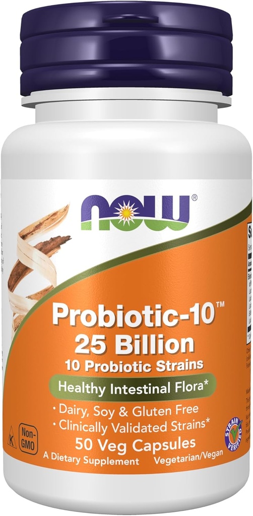 NU Mattilskudd, Probiotic-10TM, 25 milliarder, med 10 Probiotic Strains, Dairy, Soy og Glutenfri, Strain Verifisert, 50 Veg Kapsler
