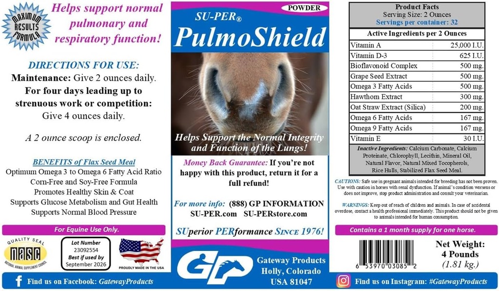 SU-PER PulmoShield Horse Respiratory Supplement - støtter sunn lungefunksjon i hester - normal lunge- og pustestøtte - hestevitaminer og mineraler - 4 pund, (2 pakke)