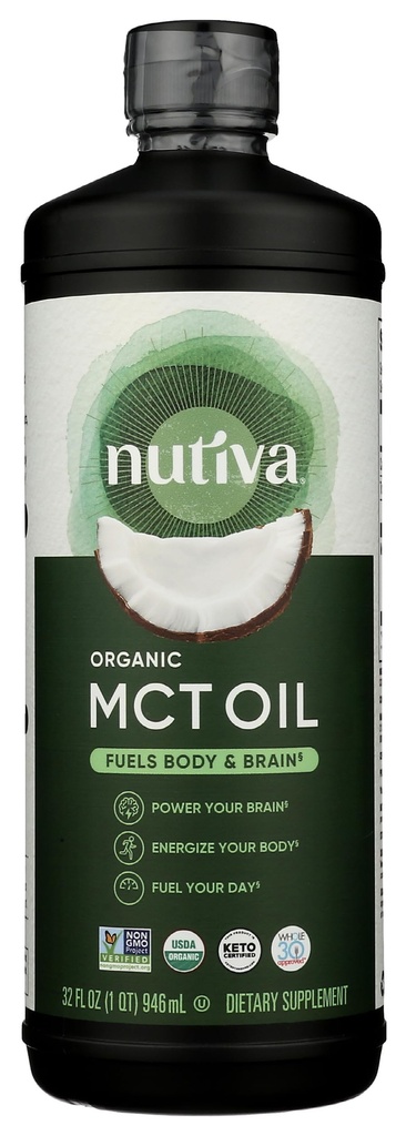 Nutiva Organic MCT Olje, ikke-flavorert, 32 Oz, USDA Organic, Non-GMO, Ikke-BPA, Hele 30 Godkjent, Vegan, Glutenfri & Keto, 14g MCT per servering og nøytral Flavor for energiøkning til kaffe, rister og salater