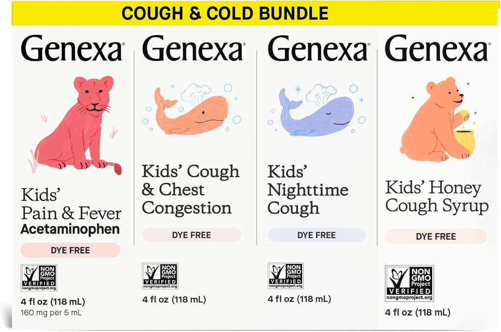 Genxa Kids' Clean Cough Medicine & Honning Cough Syrup, Smerte & Feber Reduser Verdi 4-Pack, Dye Free, 0% Kunstige Additiver, Kjøkkenomsorg for barn, Feber og smerte Reliever, 16 fl oz (4 flasker)