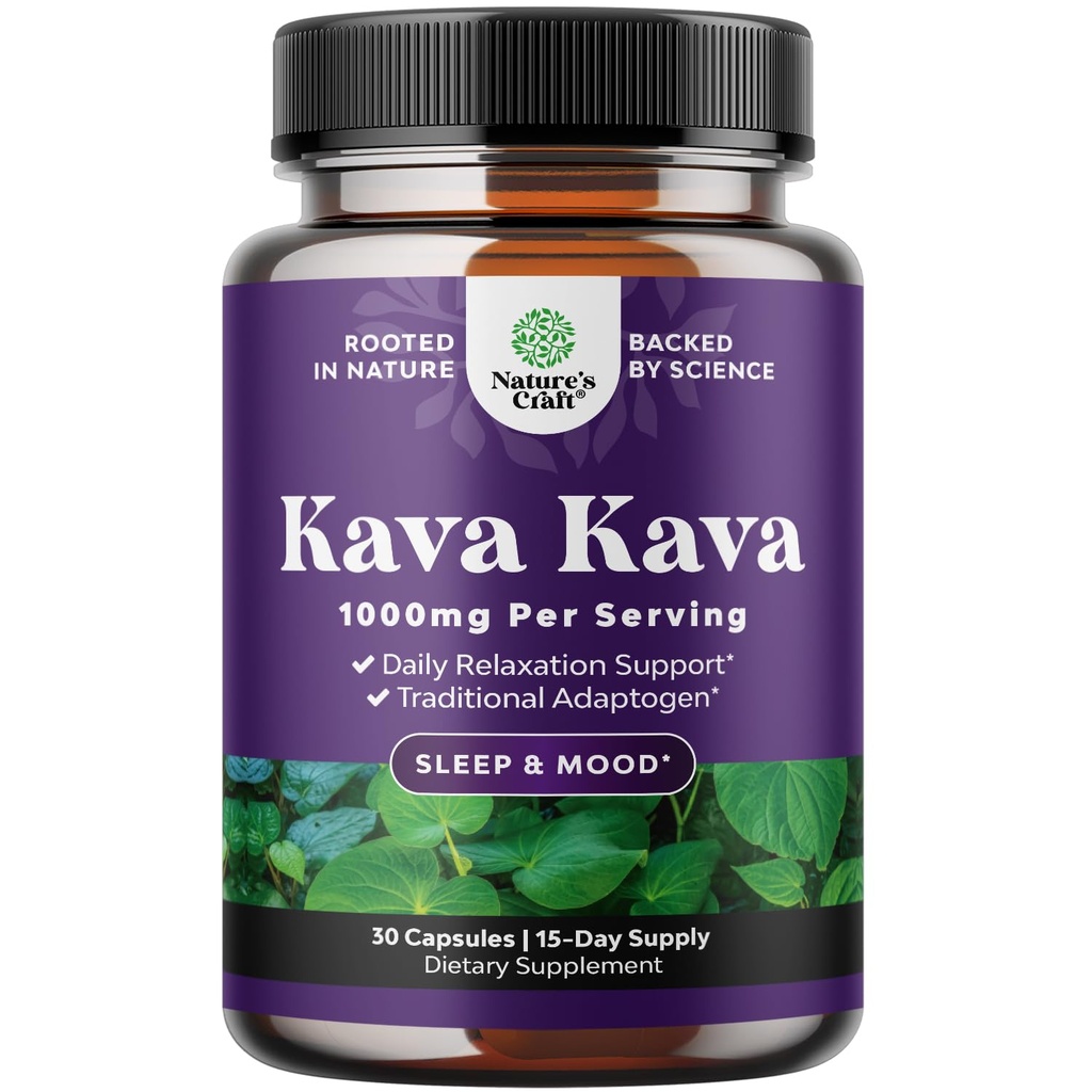 Kava Kava Root Extract Supplement 1000mg - Hurtigvirkende Herbal Støtte med Kavalactones for balansert Mood - slapp av beroligende kapsler for stressstøtte og bedre søvn - 15 Services