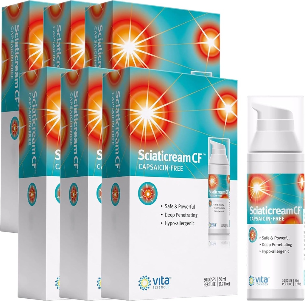 Vita Sciences Sciaticream CF: Rask Soothing Krem for Sciatic Nerve med Arnica, B1, B5, B6, MSM, Aloe og Coconut oljebase. Capsaicin-FREE. Hurtigvirkende Soothing Formula - Pakke med 6