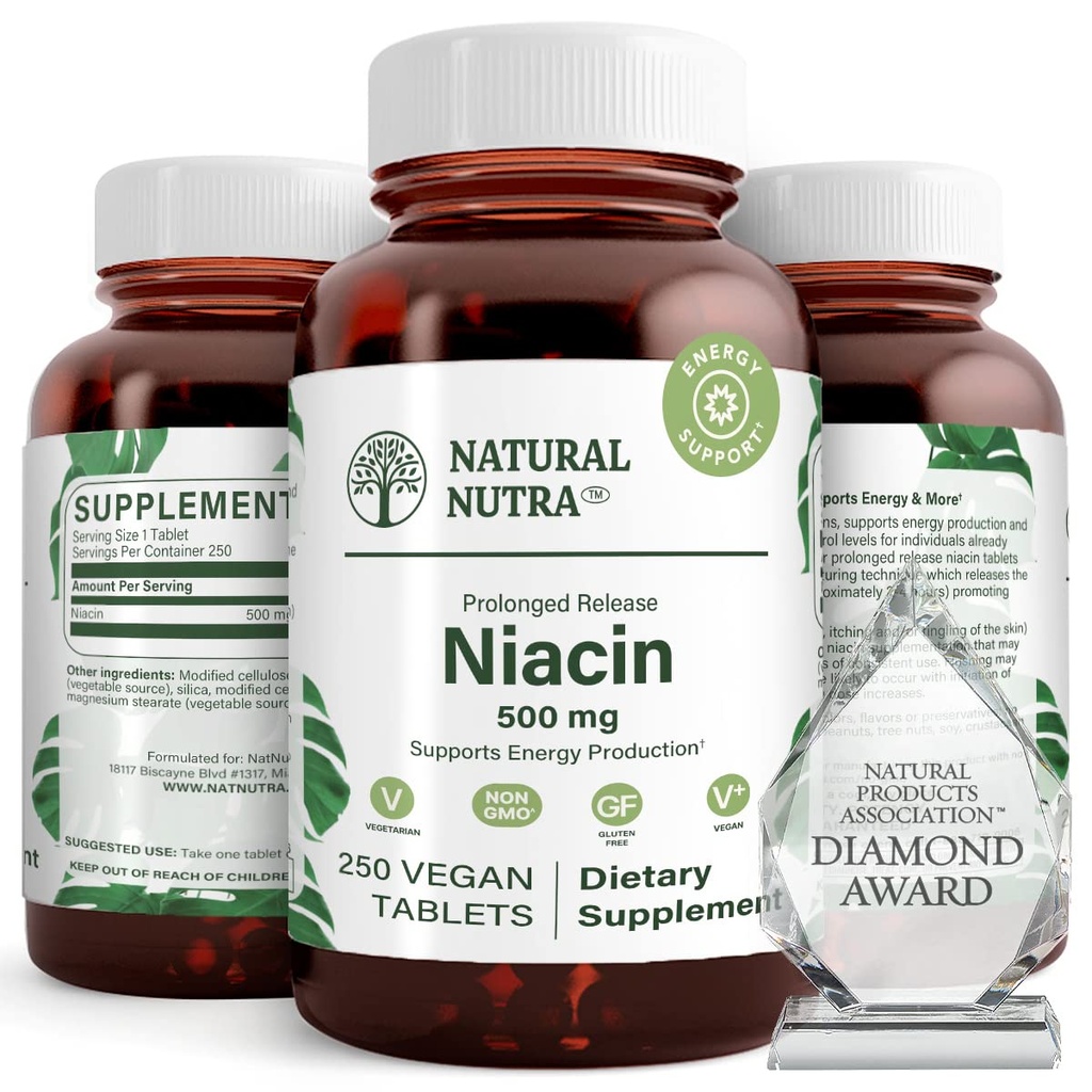 Naturlig Nutra Time-Short Niacin 500mg (Vitamin B3), støtte sunn kolesterol, fremmer kardiovaskulær helse, fremmer hudceller og forbedre kognitiv funksjon, 250 Vegan tabletter