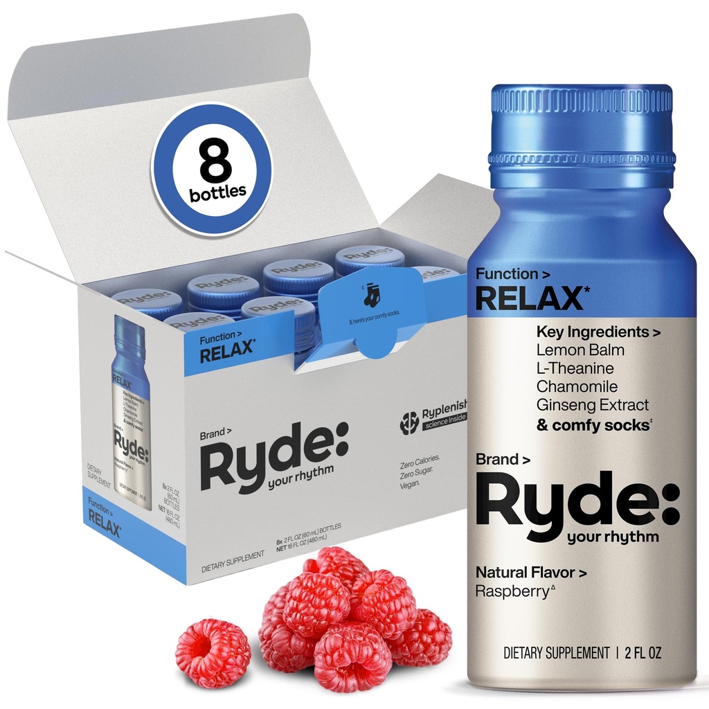 Ryde: Avslappende Shot | Raspberry Flavor | Lemon Balm, L-Theanine, Ginseng & Kamille | 0 kalorier, 0 Sukker | 2 FL OZ Shots | Hjelper deg slappe av* (8 Pakke)