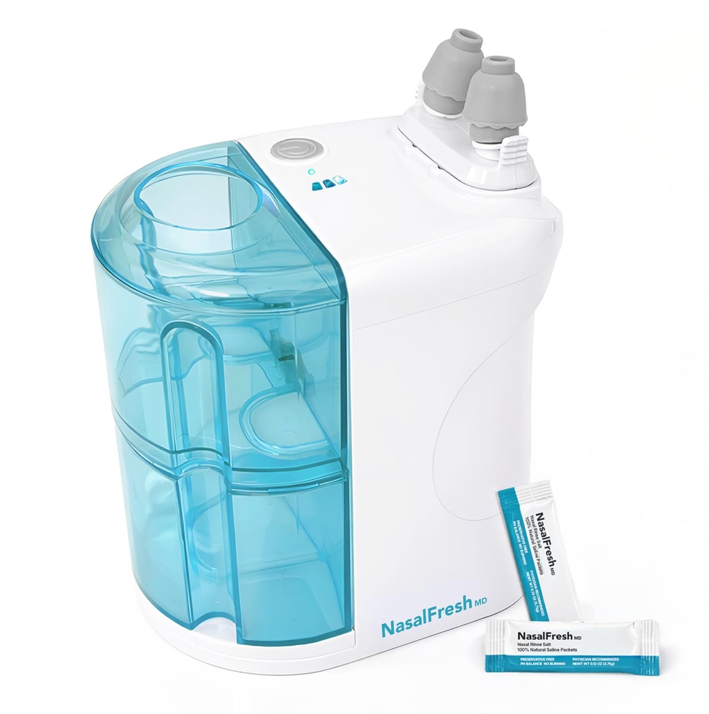 NASALFRESH MD - Dual Powered Nasal Irrigation System Nasal rengjøring og vask - Sinus Decongestant Relief System m/ 30 Saline Packets - Oppladbare - 1 sett Nese Pillows - Snorring Remedy