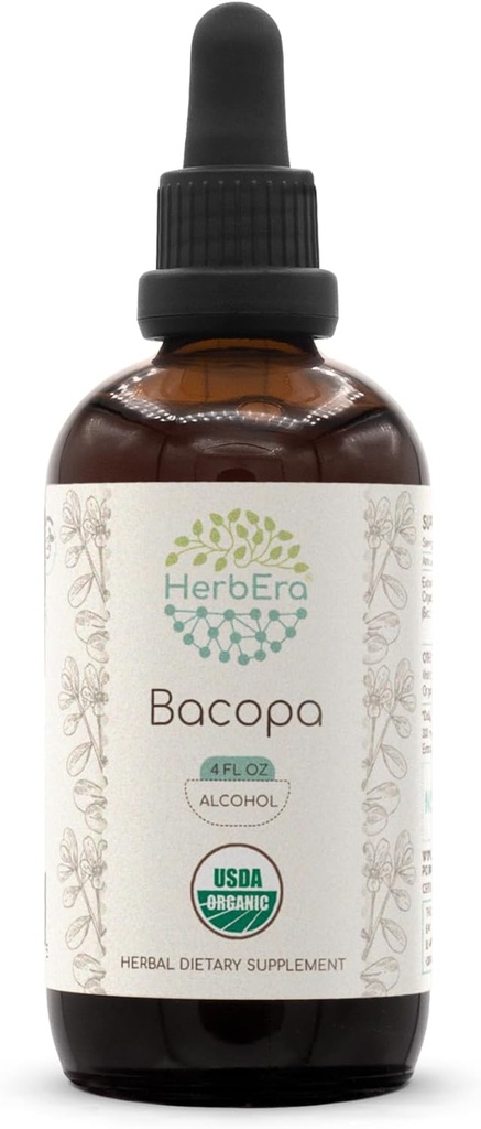 HerbEra Bacopa A120 USDA Økologisk Tinktur | Alkohol ekstrakt, høy potens Herbal Drops, Relaxation, Positiv kognitiv effekt | Certifisert organisk Bacopa (Bacopa Monnieri) Tørket urt (4 fl oz)