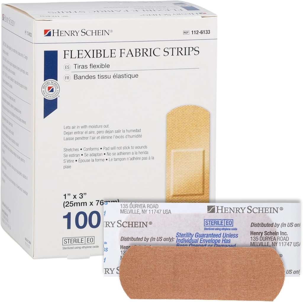 Henry Schein Sterile klesmateriale Bandages, 1" x 3 – – Boks med 100 fleksible, pustende strimler – myke, strekkbare sårdeksler for førstehjelp, medisinsk bruk, klinikker og nødsett