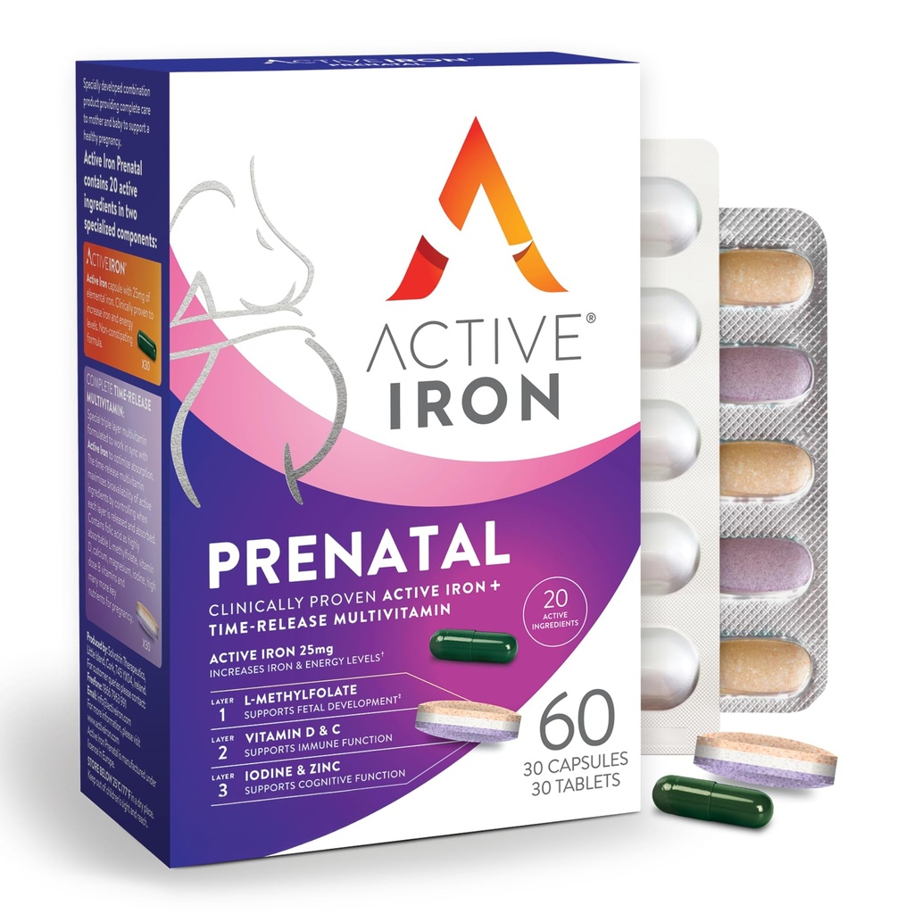 Aktivt jern prenatal, jerntilskudd + prenatal vitaminer for kvinner, 30 ikke-inneholdende kapsler + 30 Time-engine multivitaminer, graviditet, amming og postpartum Essentials