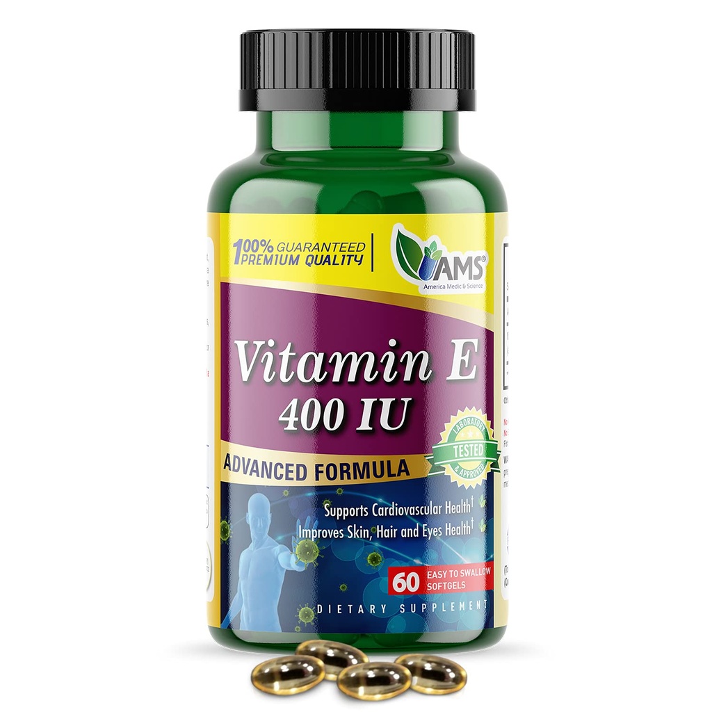 America Medic & Science Vitamin E 400 IE (60 Softgels) Diett Supplement som støtter hjertehelse, fremmer sunn hud, hår, øyne og immunsystem