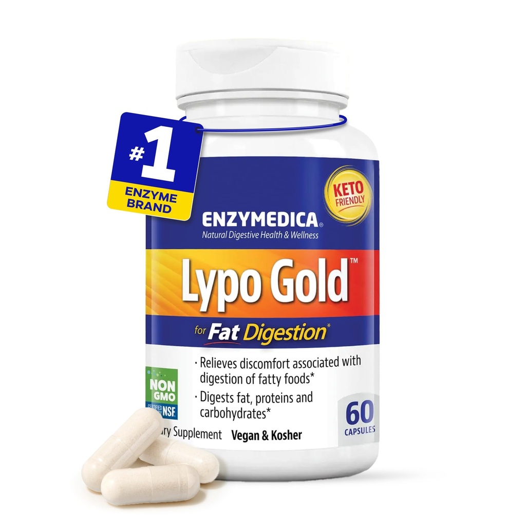 Enzymedica Lypo gull, høy potens lipase digestive enzymer for fett digestion, støtter lejlighedsmessig bloating relief & digestiv helse, keto-vennlig, vegansk, 60 kapsler