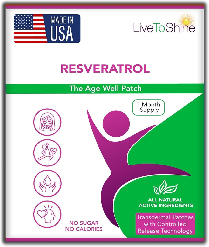 Live To Shine Resveratrol Patch - Transdermal Topical Plant-basert antioksidant støtte for sunn aldring og velvære - 30 Patches for kvinner og menn - USA laget