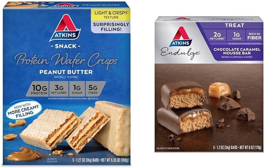 Atkins Peanut Butter Protein Wafer Crips 5 greve og sjokolade Caramel Mousse Bars 5 greve Bundle
