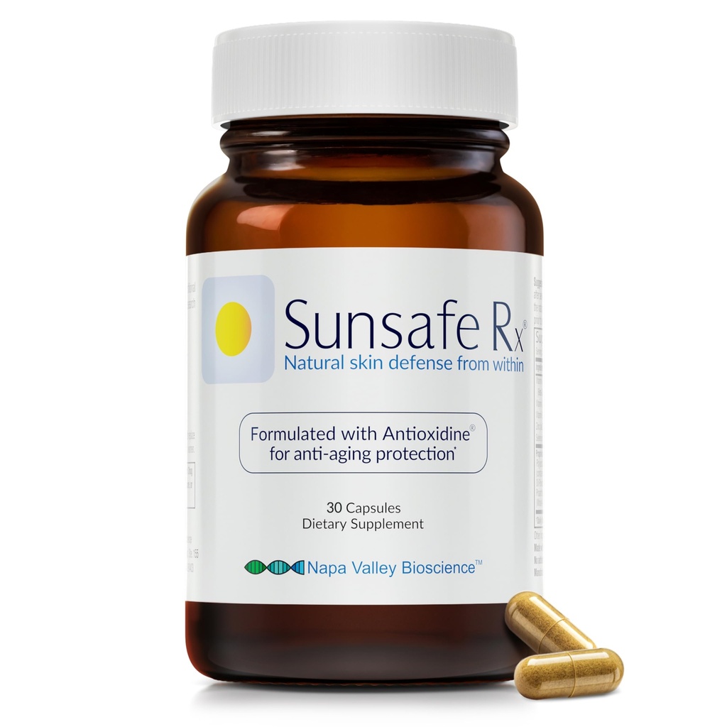 Sunsafe Rx Anti Aging Supplement: Naturlig hudbeskyttelse piller med antioksidanter for en ungdommelig utseende og øye helse + vitaminer, mineraler, & 250 mg polypodium leucotomos (30 kapsler)