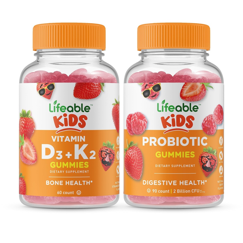 Livbart vitamin D3 + vitamin K2 Kids + probiotiske 2 milliarder CFU Kids, Gummies Bundle - Great Tasting, vitamin Supplement, Glutenfri, GMO Gratis, Chewable Gummy