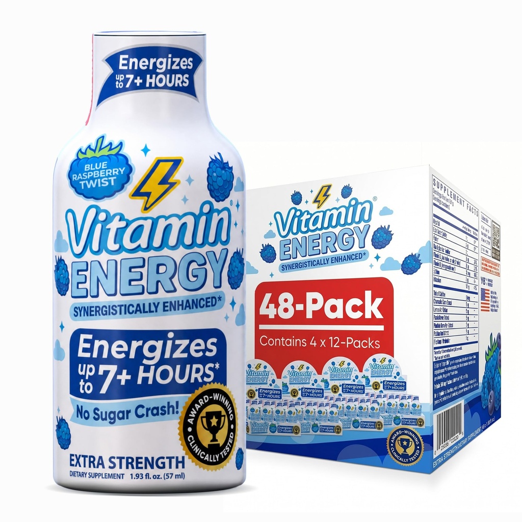 Vitamin energi immun + ekstra styrke energi Shot Blå bringebær 48 pakke, 260 mg naturlig koffein, B-vitaminer, Citicolin, Grønn te, immunitet og fokus støtte, null sukker, glutenfri 1,93 floz