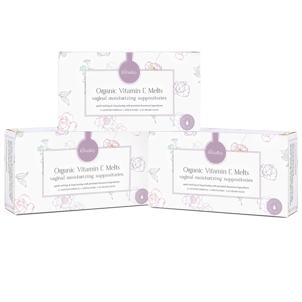 Femallay organisk vitamin E Vaginal smelter - 3 pakke - Relief for Menopause Tørrhet og irritasjon - 14 Count + Applicator