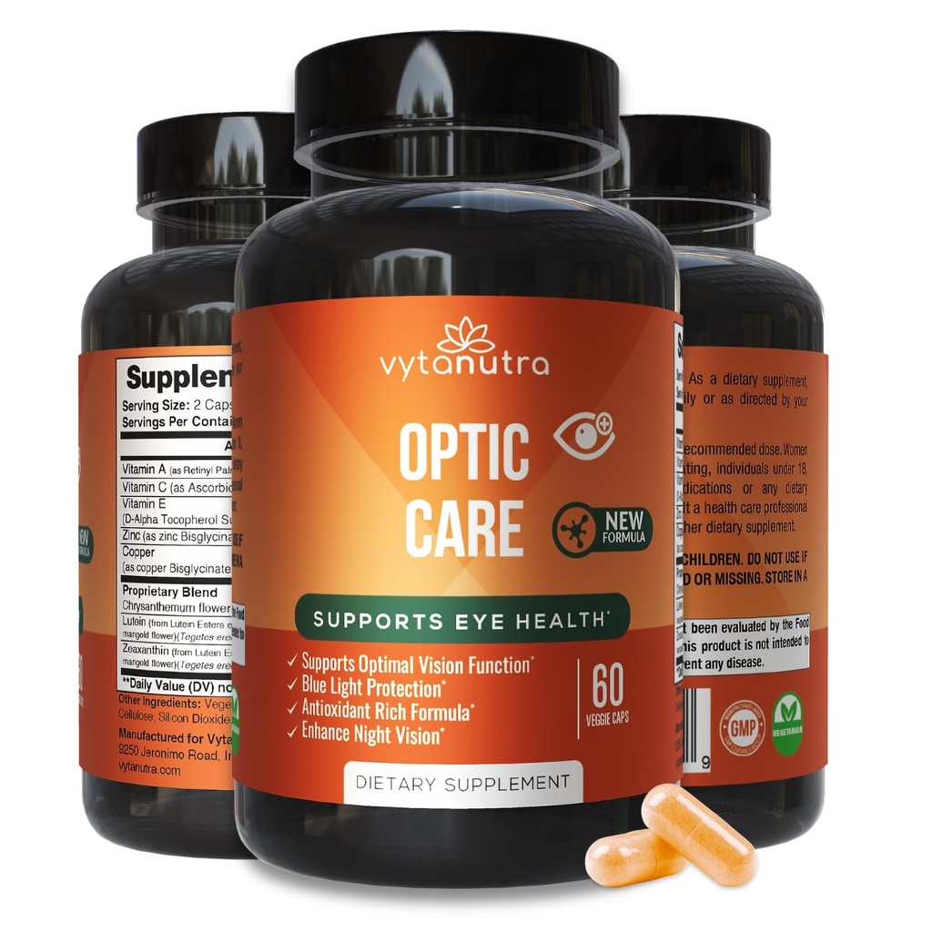 Optic Care Eye Vitaminer – Lutein, Zeaxanthin, Vitaminer A C E, sink, Kobber, Chrysantemum & Goji – Antioksidant Micronæringsformel for Vision Support – 3 PK