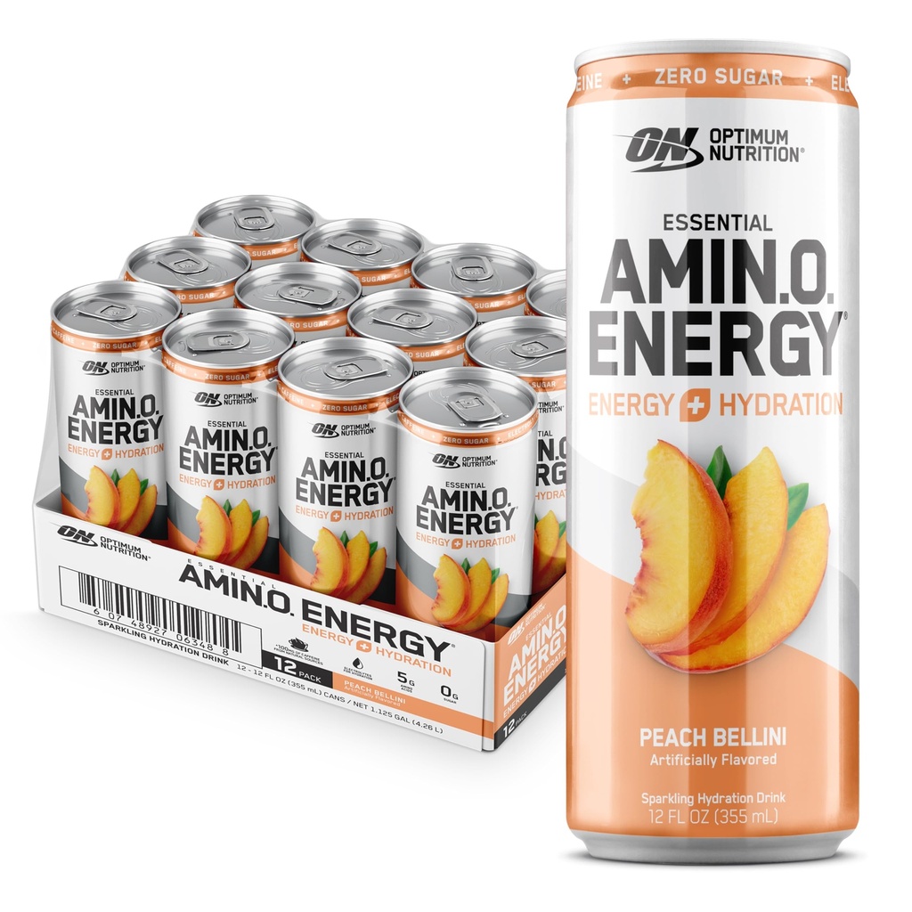 Optimering Amino Energi Sparkling Hydration Drink, Elektrolytter, Koffein, Aminosyrer, BCAA, Sukkerfri, Peach Bellini, 12 Fl Oz, 12 Pack (Packing May Vary)