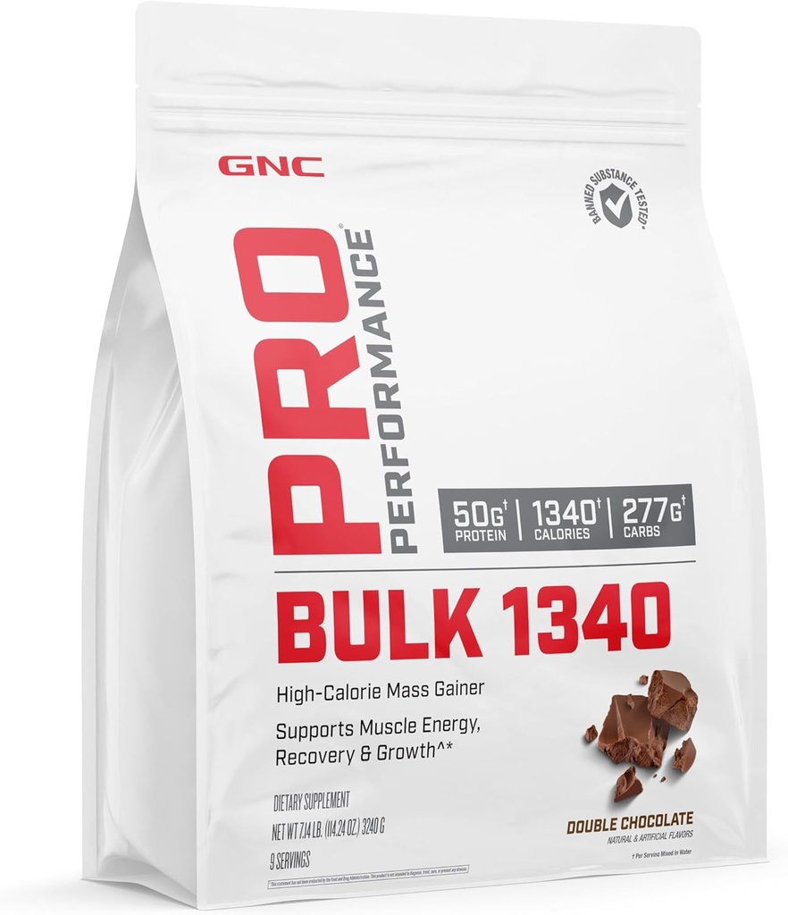 GNC Pro ytelse bulk 1340 Mass Gainer Protein Powder, 50g, Glutenfri, Whey, Kreatin, BCAA, 3. part testet, Muskelgjenvinning og vekst, Mikronæringsstoffer, Dobbel Sjokolade, 9 Serveringer