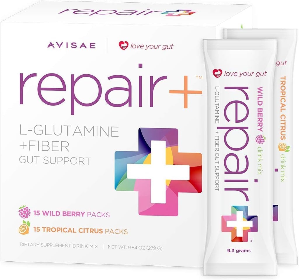 Reparasjon + l-glutamin + Fiber 30 Stick Packs Love din Gut! Avisae OptimALL ernæringsreparasjon + l-glutamin + Fiber Drink
