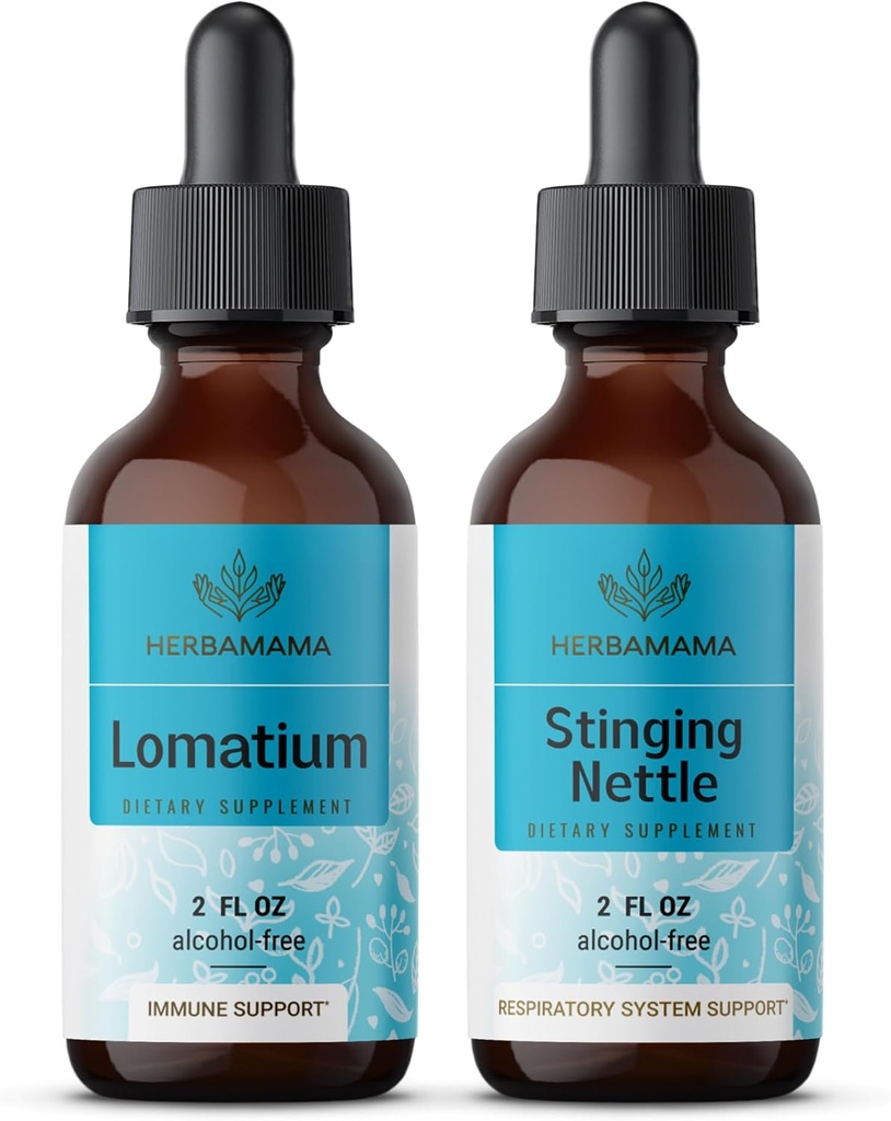 HERBAMAMA Herbal flytende dråper Kit - Bundle av Lomatium Root Extract og Stinging Nettle Tinktur 2 fl oz - Vegansk, ikke-GMO, sukker og alkohol-fri - 2 pakke