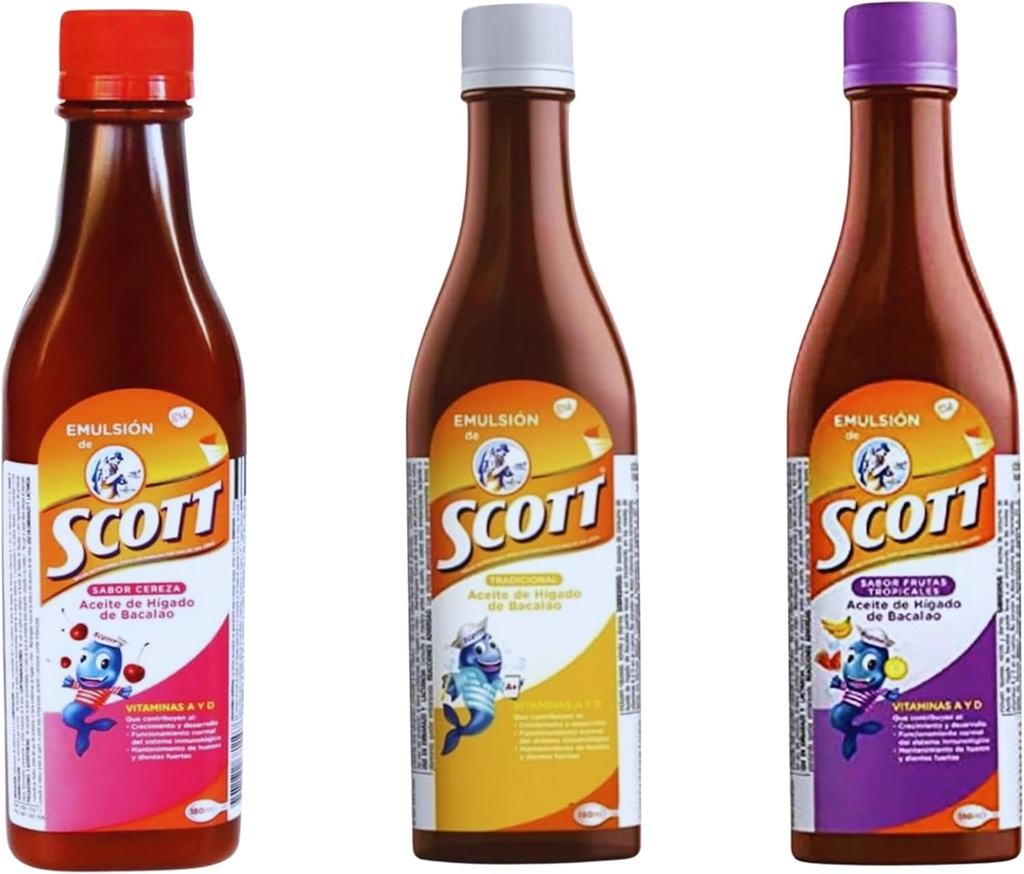 Emulsión de Scott 3 Pack Combo – Cod Liver Oil (Tradisjonell, Cherry, Tropical Fruit Flavors) - 180 ml Hver